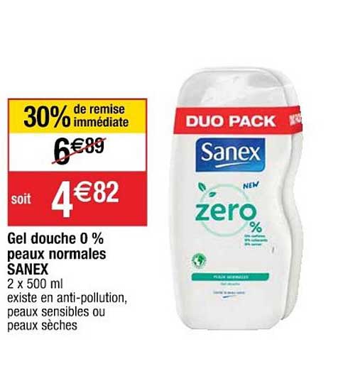gel douche 0% peaux normales sanex 30% de remise immédiate
