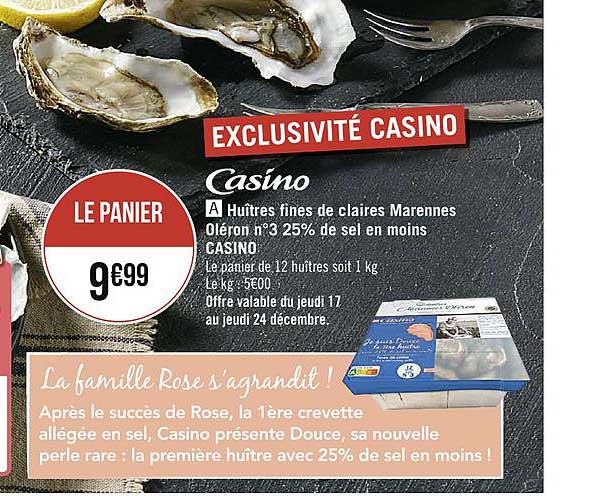 huîtres fines de claires marennes oléron n° 25% de sel en moins casino