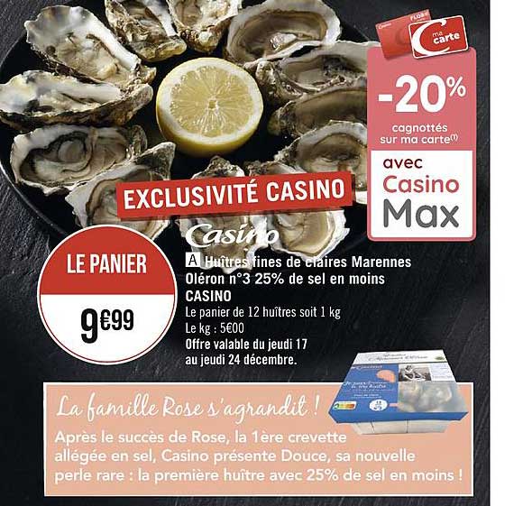 huîtres fines de claires marennes oléron n°3 25% de sel en moins casino