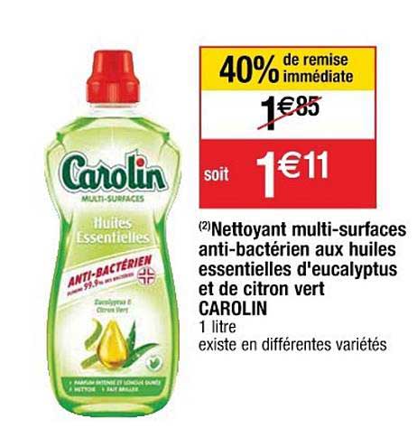 nettoyant multi surfaces anti bactérien aux huiles essentielles d'eucalyptus et de citron vert carolin 40% de remise immédiate
