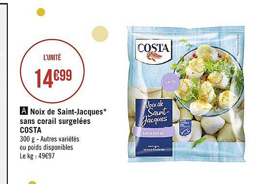 noix de saint-jacques sans corail surgelées costa