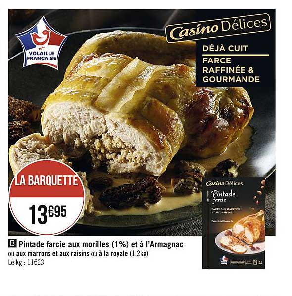 pintade farcie aux morilles (1%) et à l'armagnac ou aux marrons et aux raisins à la royale