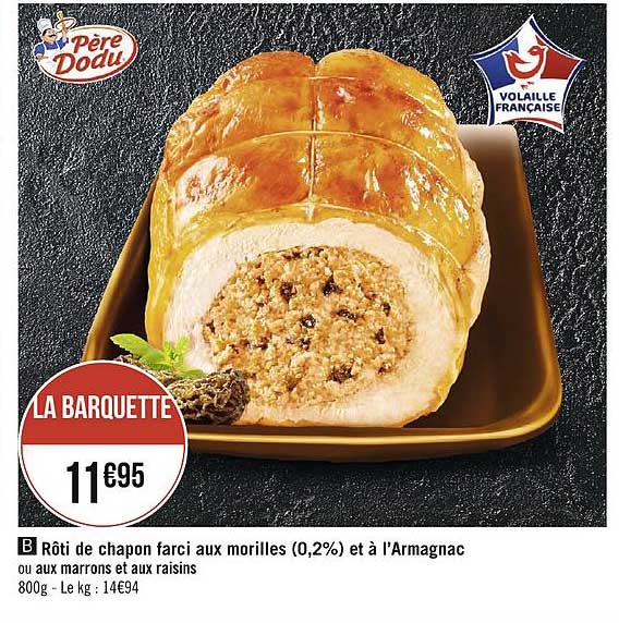 rôti de chapon farci aux morilles (0,2%) et à l'armagnac ou aux marrons et aux raisins