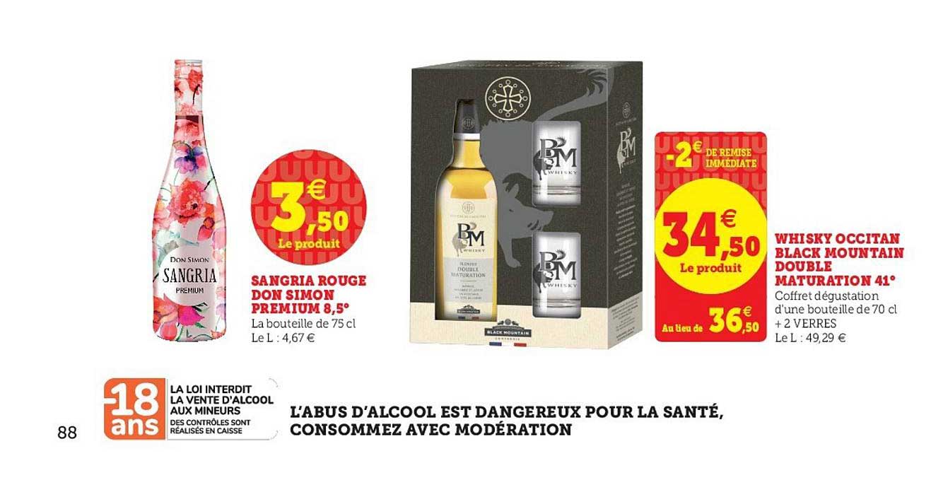 sangria rouge don simon premium 8,5°, whisky occitan black mountain double maturation 41°