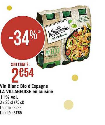 vin blanc bio d'espagne la villageoise en cuisine 11% vol.