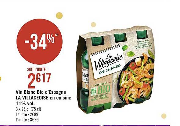 vin blanc bio d'espagne la villageoise en cuisine 11% vol.