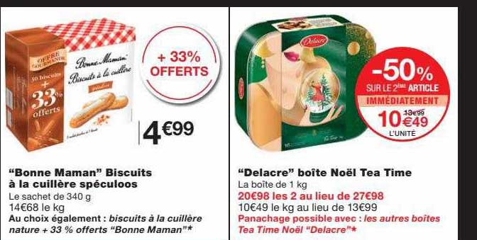 "bonne maman" biscuits à la cuillère spéculoos, "delacre" boîte noël tea time