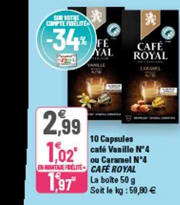 10 capsules café vanille n°4 ou caramel n°4 café royal