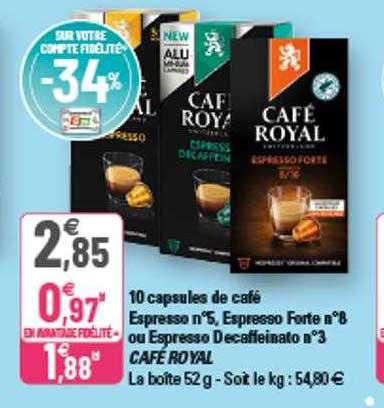 10 capsules de café espresso n°5, espresso forte n°8 ou espresso décafféinato n°3 café royal