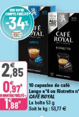 10 capsules de café lungo n°4 ou ristretto n°9 café royal