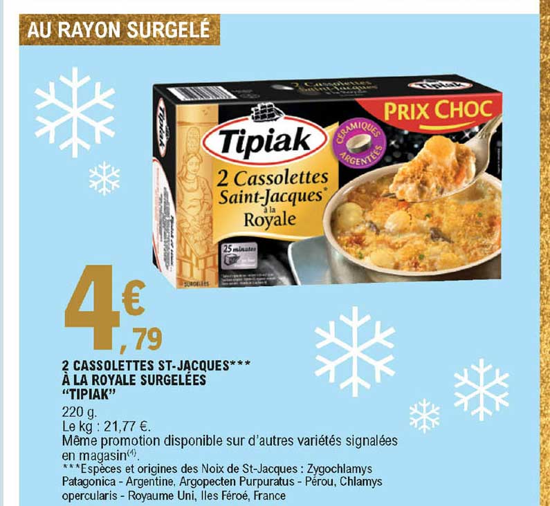 2 cassolettes st-jacques *** à la royale surgelées "tipiak"