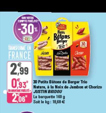 30 petits bâtons de berger trio nature, à la noix de jambon et chorizo justin bridou