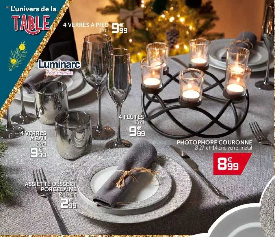 4 Verres à Pied, 4 Verres à Eau, Assiette Dessert Porcelaine, 4 Flûtes, Photophore Couronne