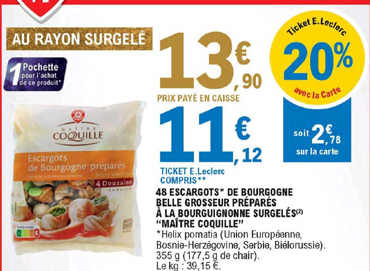48 escargots de bourgogne belle grosseur préparés à la bourguignonne surgelés "maître coquille"