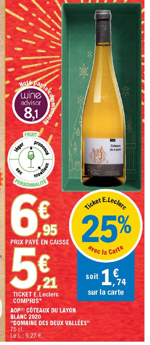 aop côteaux du layon blanc 2020 "domaine des deux vallées"