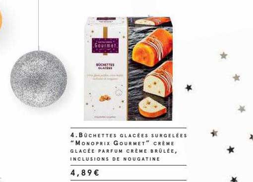 bûchettes glacées surgelées "monoprix gourmet" crème glacée parfum crème brûlée, inclusions de nougatine