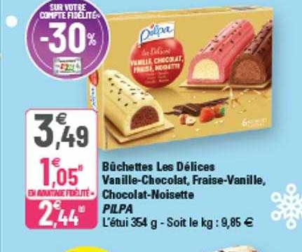 Bûchettes Les Délices Vanille-chocolat, Fraise-vanille, Chocolat-noisette Pilpa