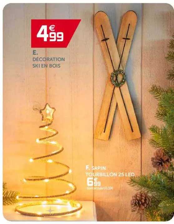 décoration ski en bois, sapin tourbillon 25 led