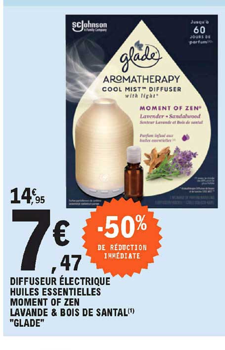 diffuseur électrique huiles essentielles moment of zen lavande & bois de santal "glade"