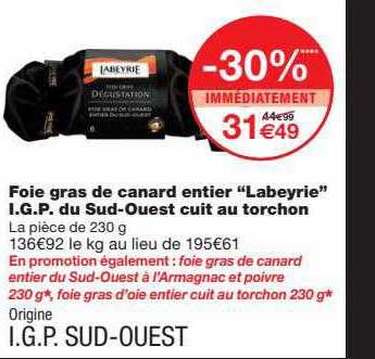 foie gras de canard entier "labeyrie" i.g.p. du sud-ouest cuit au torchon