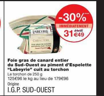 foie gras de canard entier du sud-ouest au piment d'espelette "labeyrie" cuit au torchon