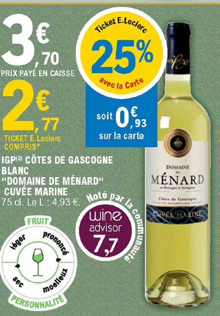 igp côtes de gascogne blanc "domaine de ménard" cuvée marine