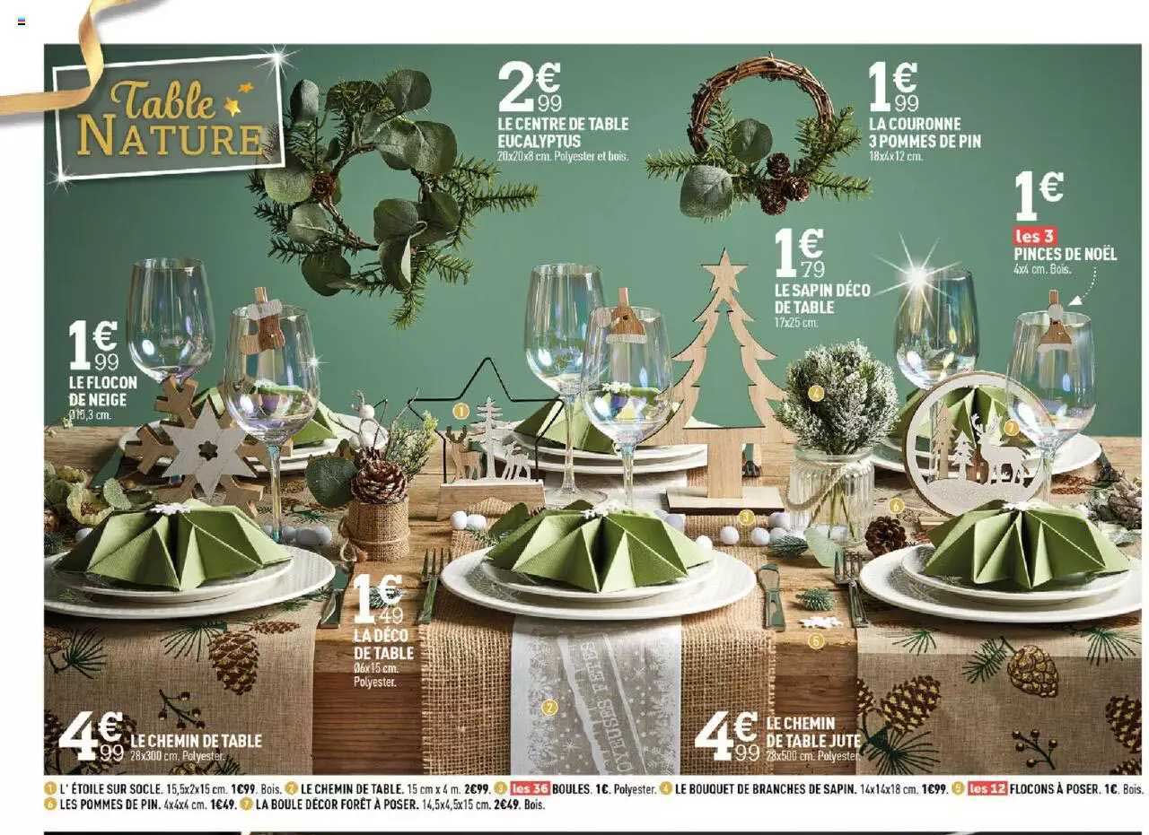 le flocon de neige, le centre de table eucalyptus, la couronne 3 pommes de pin, le flocon de neige, le chemin de table, la déco de table, le sapin de table, le chemin de table jute, pinces de noël