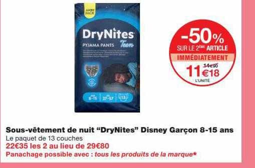 sous-vêtement de nuit "dryNites" disney garçon 8-15 ans