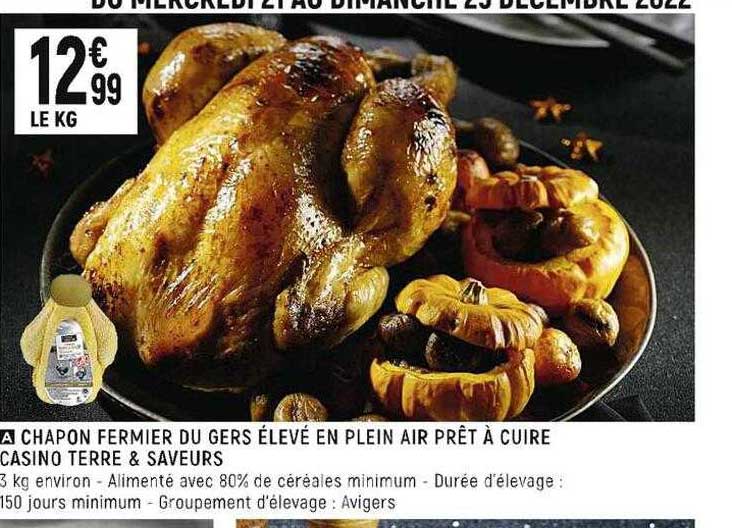 chapon fermier du gers élevé en plein air prêt à cuire casino terre & saveurs