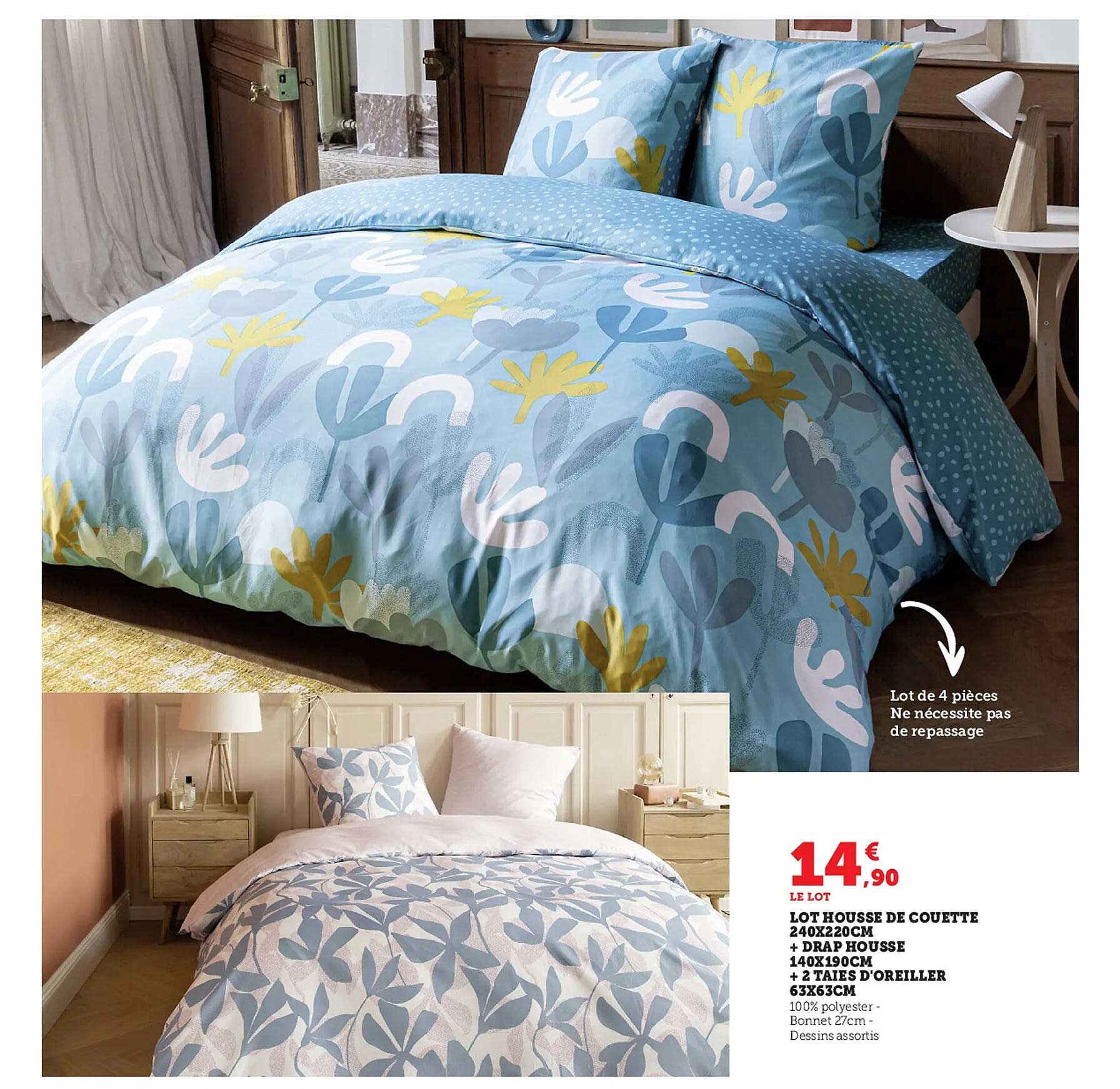 lot housse de couette 240 x 220 cm + drap housse 140 x 190 cm + 2 taies d'oreiller 63 x 63 cm