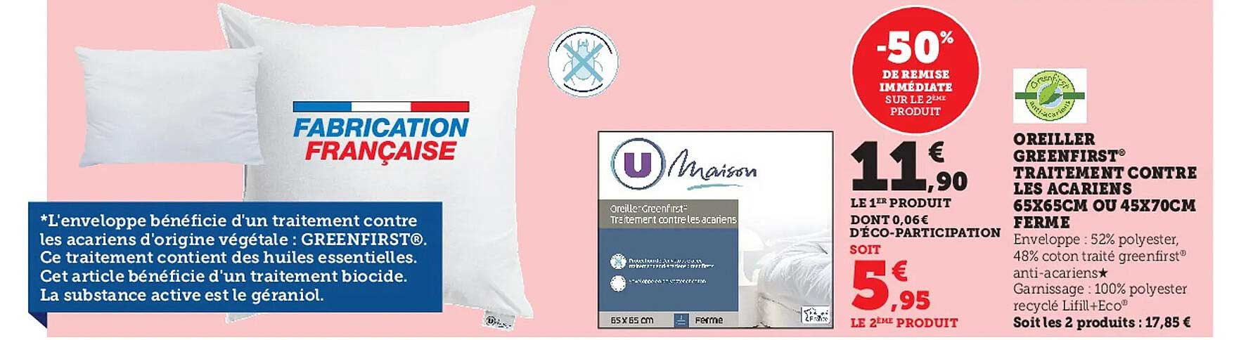 Oreiller Green First Traitement Contre Les Acariens 65 X 65 Cm Ou 45 X 70 Cm Ferme