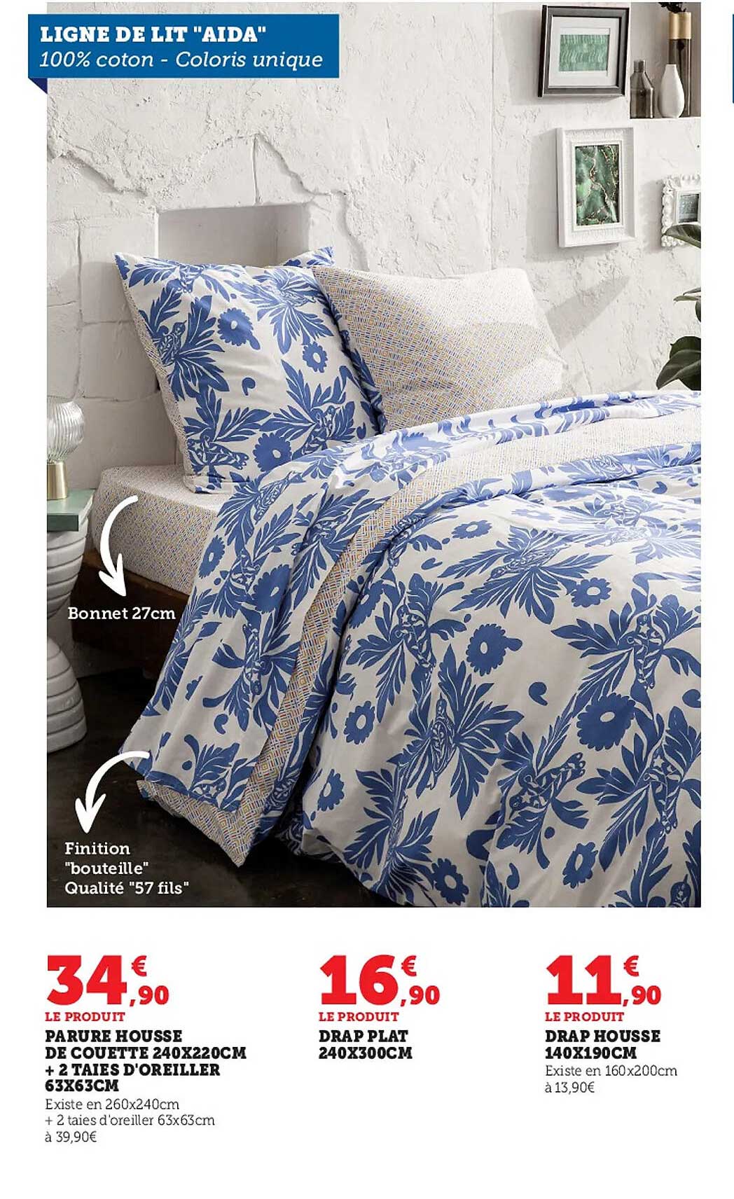 parure housse de couettte 240 x 220 cm +2 taies d'oreiller 63 x 63 cm, drap plat 240 x 300 cm, drap housse 140 x 190 cm