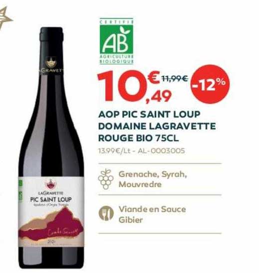 aop pic saint loup domaine lagravette rouge bio 75cl