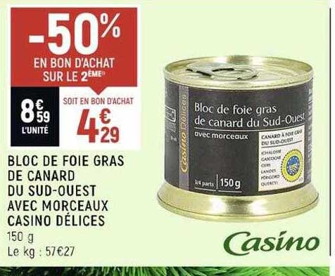 bloc de foie gras de canard du sud-ouest avec morceaux casino délices