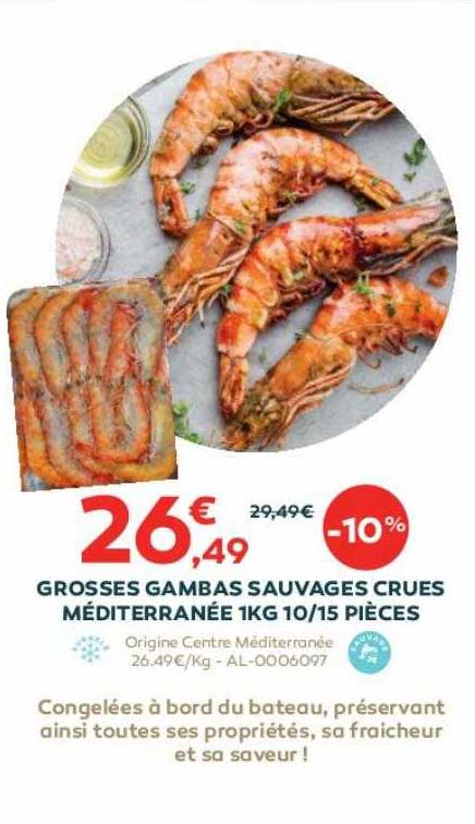 grosses gambas sauvages crues méditerranée 1 kg 10-15 pièces