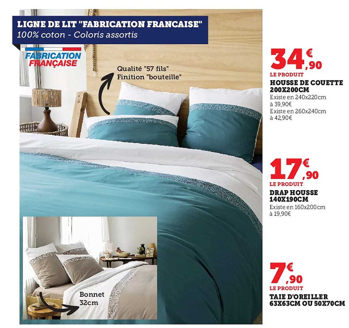 housse de couette 200 x 200 cm, drap housse 140 x 190 cm, taie d'oreiller 63 x 63 cm ou 50 x 70 cm