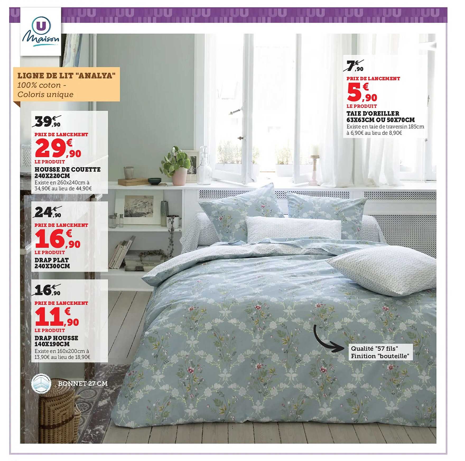 housse de couette 240 x 220 cm, drap plat 240 x 300 cm, drap housse 140 x 190 cm, taie d'oreiller 63 x 63 cm ou 50 x 70 cm