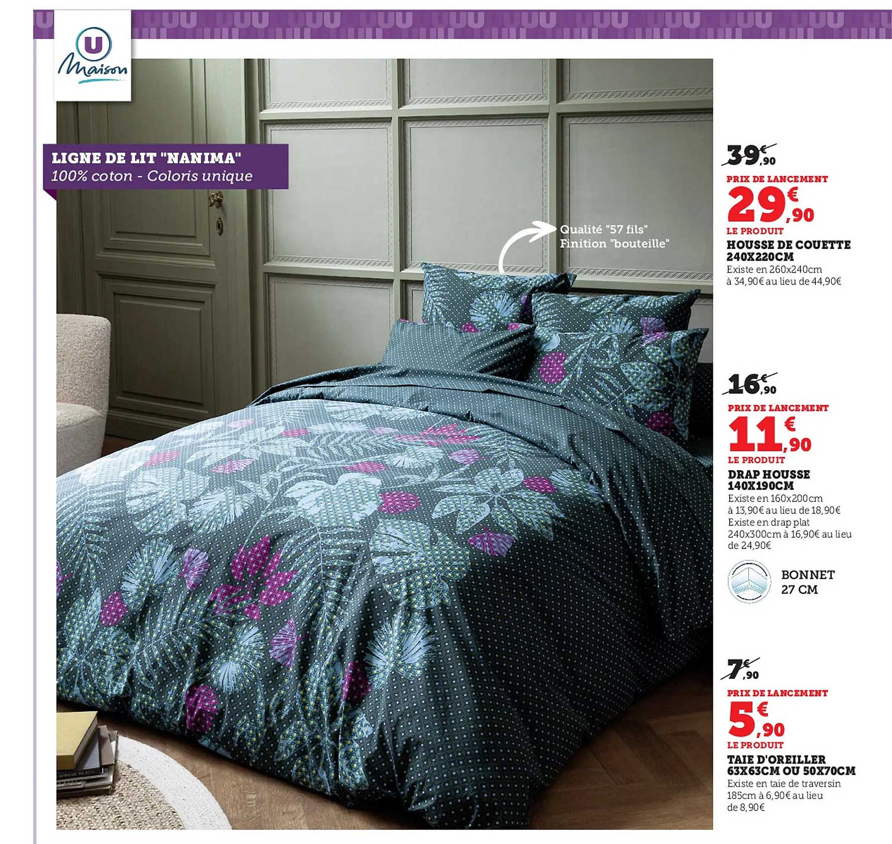 housse de couette 240 x 220 cm u maison, drap housse 140 x 190 cm u maison, taie d'oreiller 63 x 63 cm ou 50 x 70 cm u maison