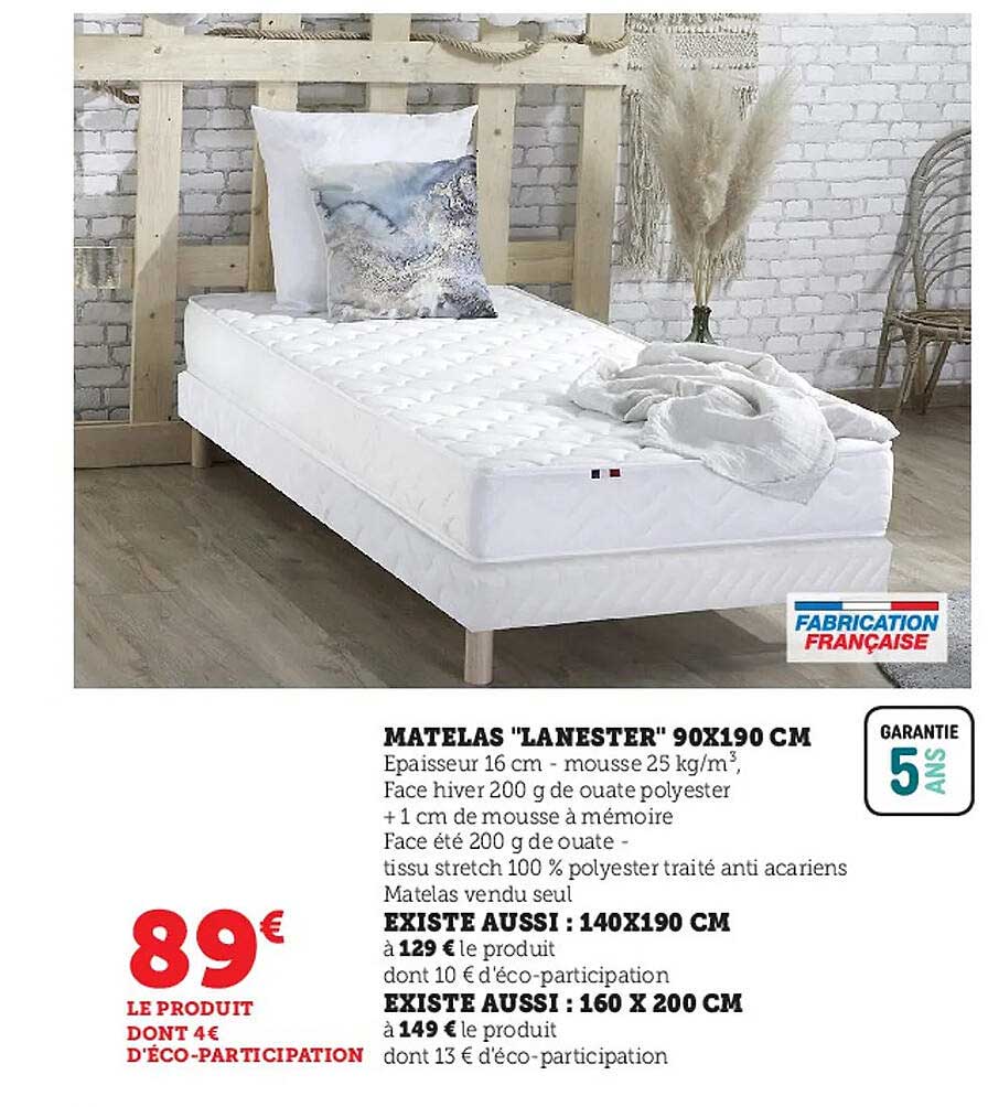 matelas "lanester" 90 x 190 cm existe aussi : 140 x 190 cm, existe aussi : 160 x 200 cm