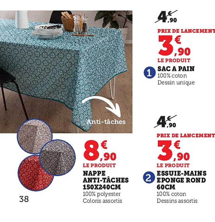 nappe anti tâches 150 x 240 cm, sac à pain, essuie-mains éponge rond 60 cm