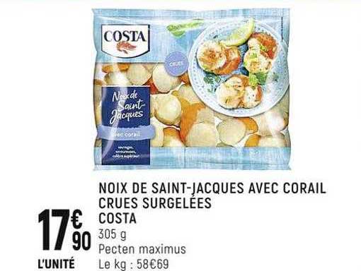 noix de saint-jacques avec corail crues surgelées costa
