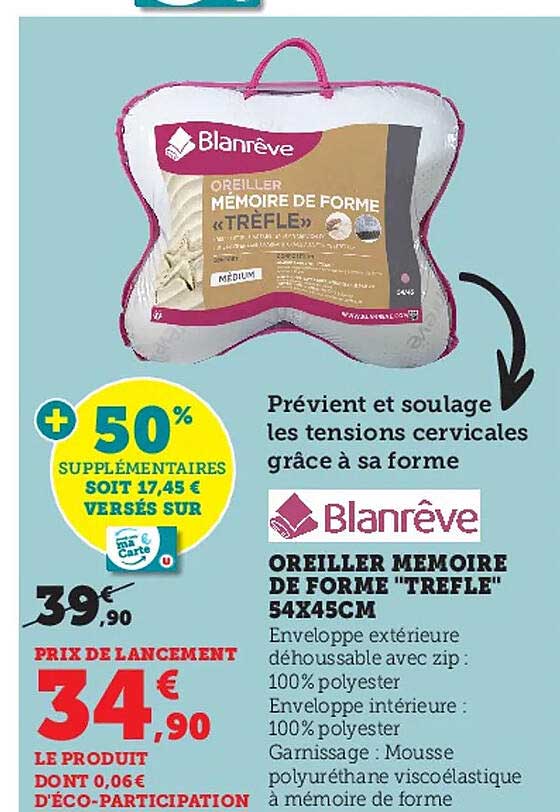 Oreiller Mémoire De Forme "trèfle" 54 X 45 Cm Blanrêve