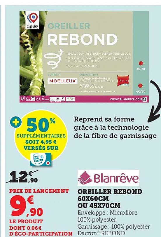 oreiller rebond 60 x 60 cm ou 45 x 70 cm blanrêve