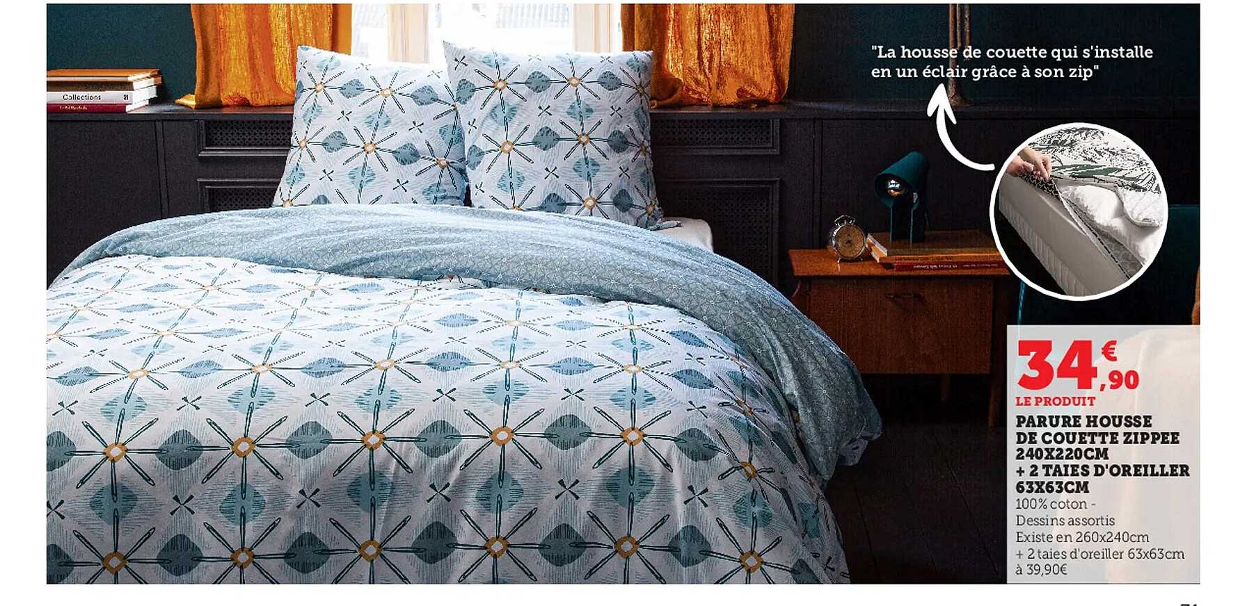 parure de lit de couette zippée 240 x 220 cm + 2 taies d'oreiller 63 x 63 cm