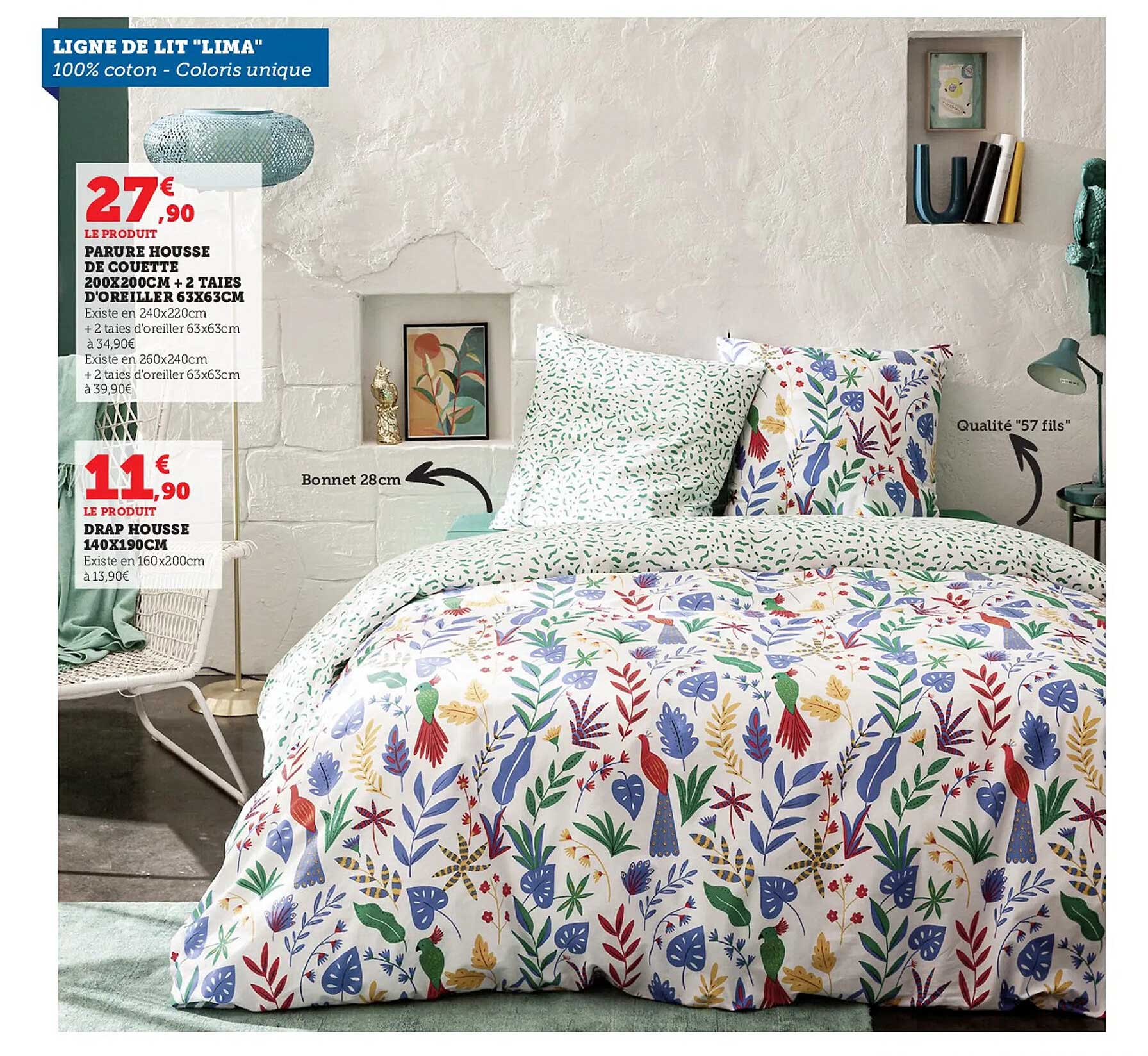 parure housse de couette 200 x 200 cm + 2 taies d'oreiller 63 x 63 cm, drap housse 140 x 190 cm