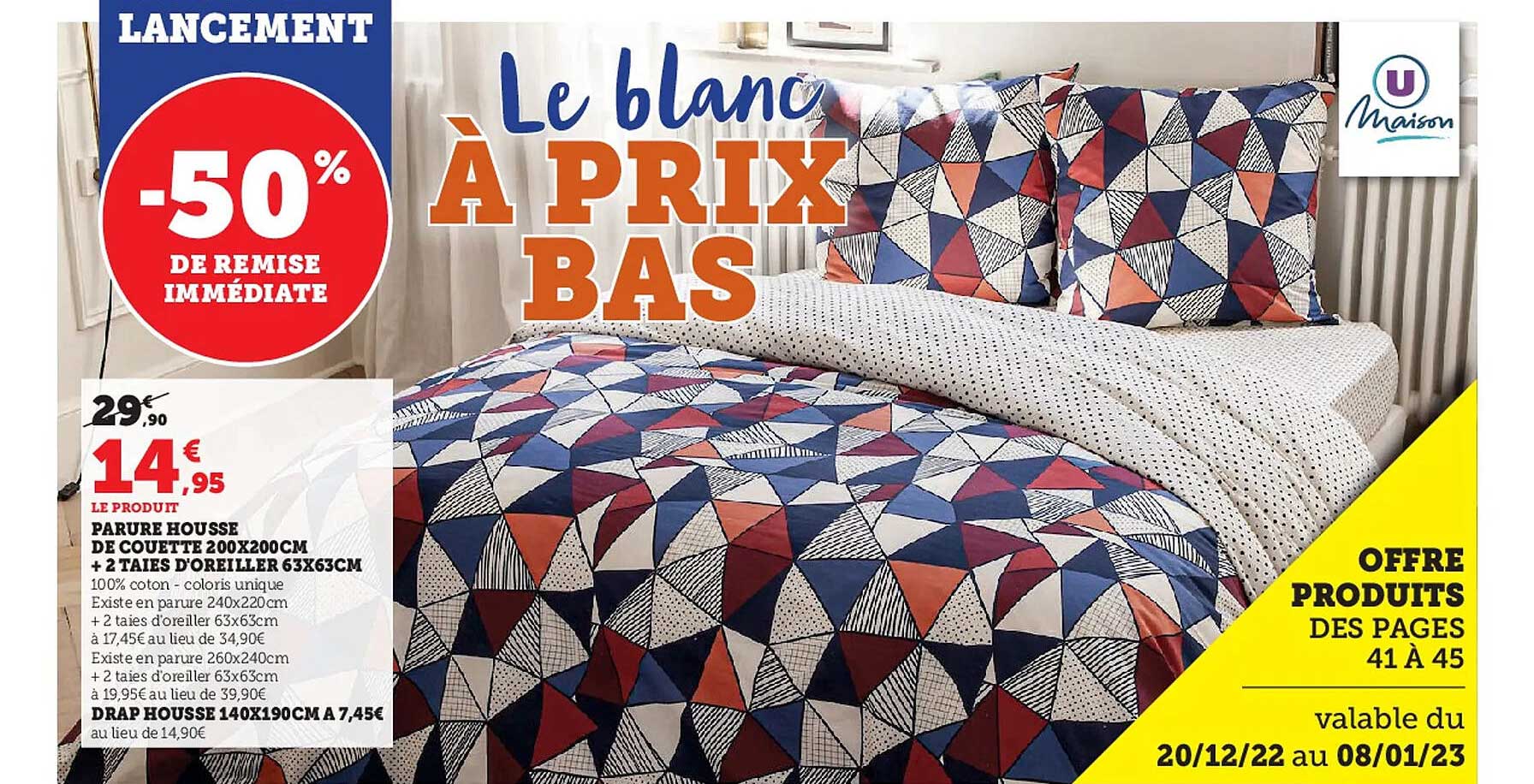 parure housse de couette 200 x 200 cm + 2 taies d'oreiller 63 x 63 cm u maison, drap housse 140 x 190 cm u maison