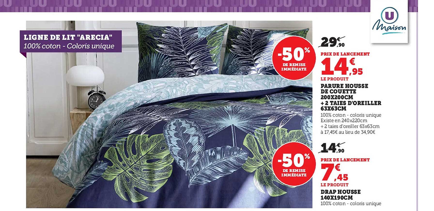 parure housse de couette 200 x 200 cm + 2 taies d'oreiller 63 x 63 cm u maison, drap housse 140 x 190 cm u maison