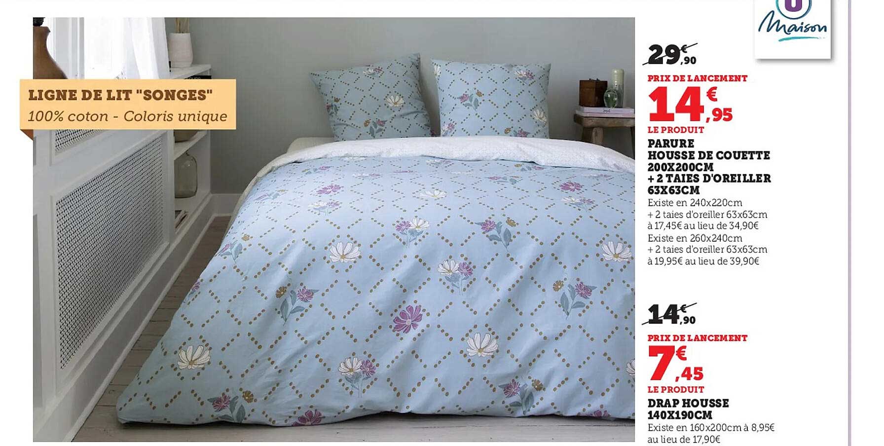 parure housse de couette 200 x 200 cm + 2 taies d'oreiller 63 x 63 cm u maison, drap housse 140 x 190 cm u maison