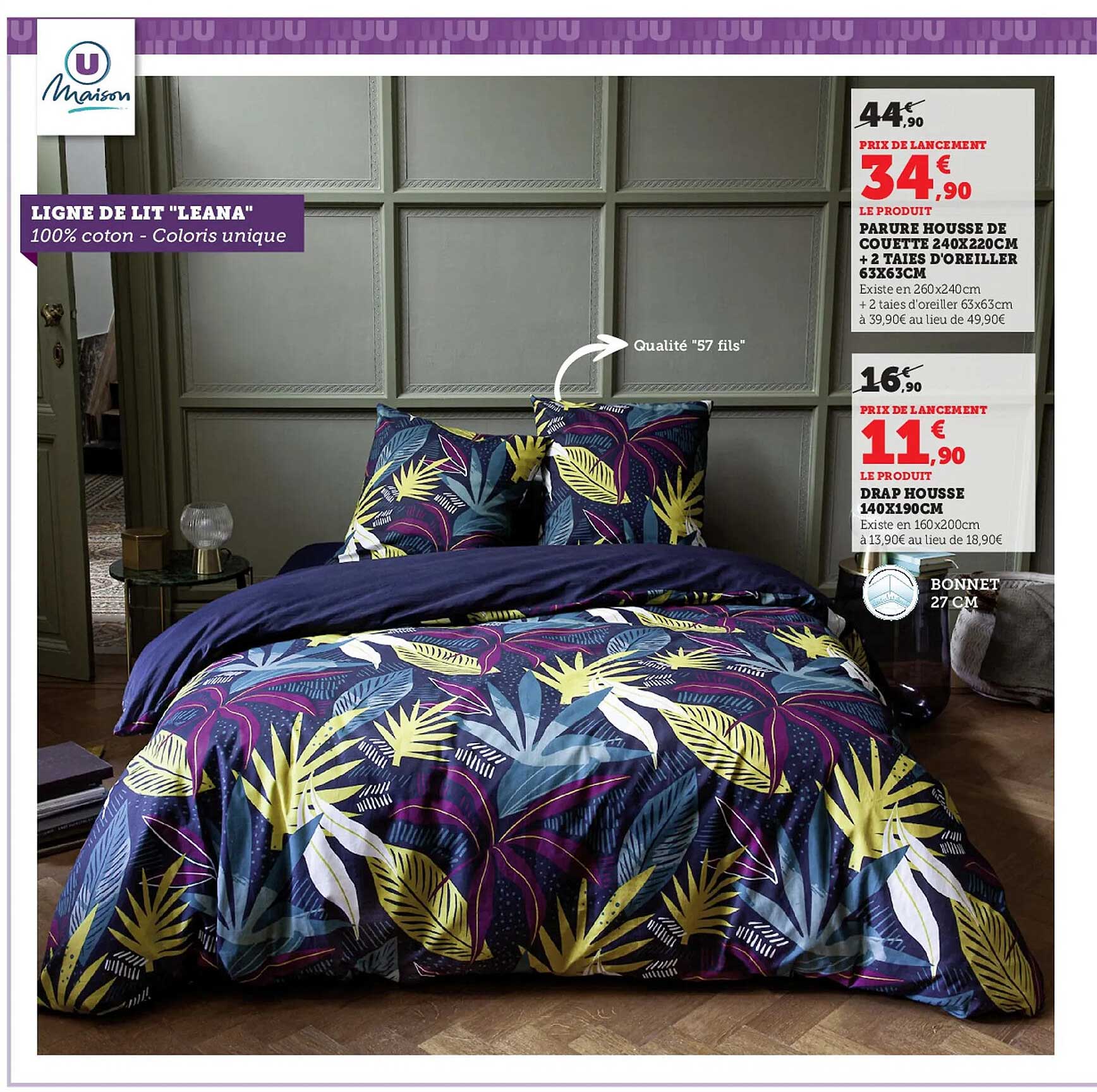 parure housse de couette 240 x 220 cm + 2 taies d'oreiller 63 x 63 cm u maison, drap housse 140 x 190 cm u maison