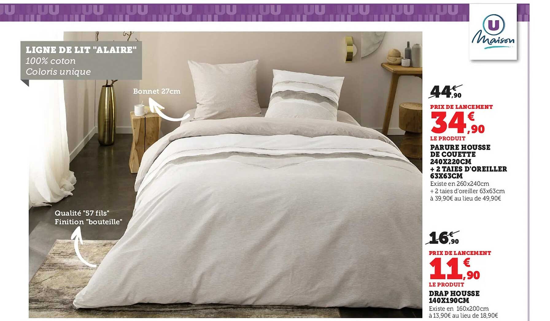 parure housse de couette 240 x 220 cm + 2 taies d'oreiller 63 x 63 cm u maison, drap housse 140 x 190 cm u maison